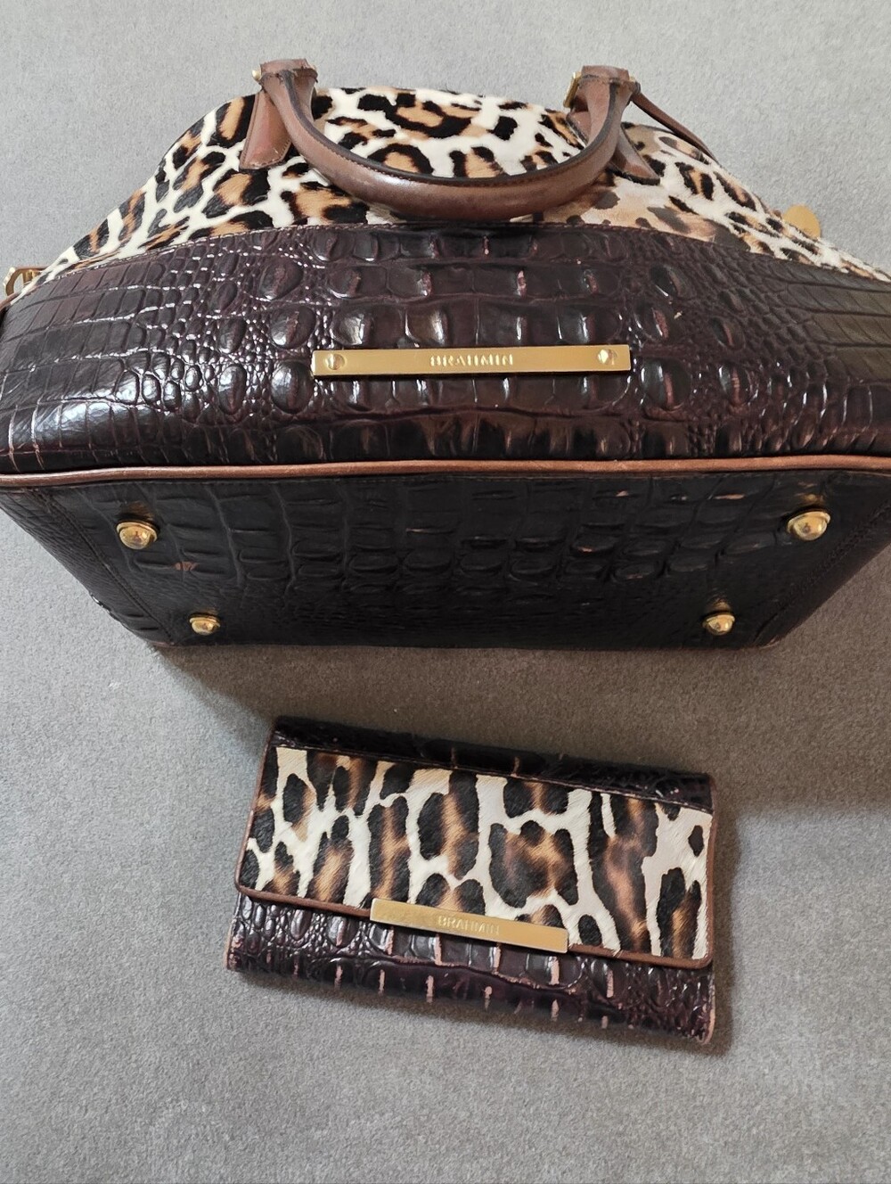 Brahmin Leopard Haircalf Satchel with Matching Wallet in Brown and Cream - Picture 2 of 12